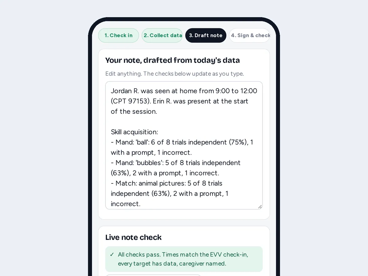 Preview with sample data: A session note drafted from the session’s trial data on a phone